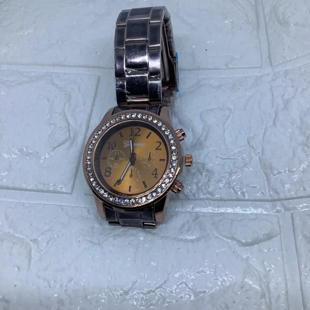 Chocolate Geneva Crystal Rhinestone Chronograph Watch‎ with Metal Link Band